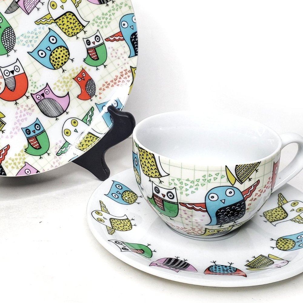 Artistic Owl Print Cup, Saucer, & Plate Set, Creative Tops